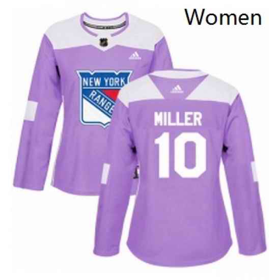 Womens Adidas New York Rangers 10 JT Miller Authentic Purple Fights Cancer Practice NHL Jersey